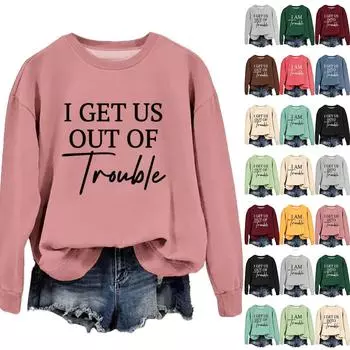 Женская модная повседневная толстовка с круглым вырезом и принтом I AM Trouble с длинными рукавами XL чёрный