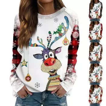 Женская модная повседневная толстовка с круглым вырезом и длинным рукавом с рождественским принтом и рукавом реглан XXXL
