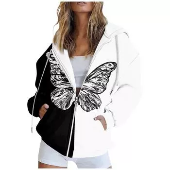 Женская модная повседневная толстовка с принтом и длинным рукавом с карманом, кардиган, куртка, пальто с капюшоном на молнии L чёрный