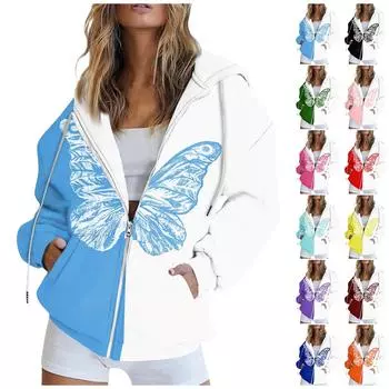 Женская модная повседневная толстовка с принтом и длинным рукавом с карманом, кардиган, куртка, пальто с капюшоном на молнии M