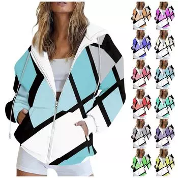 Женская модная повседневная толстовка с принтом и длинным рукавом с карманом, кардиган, куртка, пальто с капюшоном на молнии L циан
