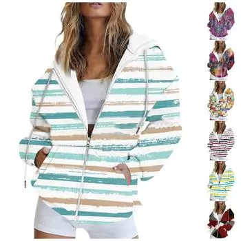 Женская модная повседневная толстовка с принтом и длинным рукавом с карманом, кардиган, куртка, пальто с капюшоном на молнии L циан