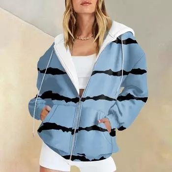Женская модная повседневная толстовка с принтом и длинным рукавом с карманом, кардиган, куртка, пальто с капюшоном на молнии L синий