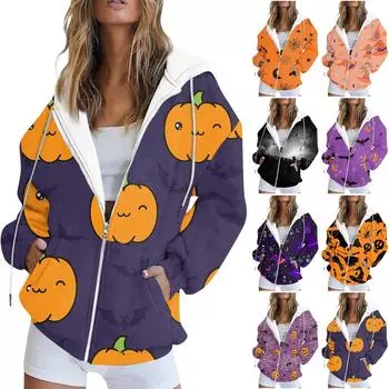 Женская модная повседневная толстовка с принтом на Хэллоуин, длинный рукав с карманом, кардиган, куртка, пальто с капюшоном на молнии M светло-фиолетовый