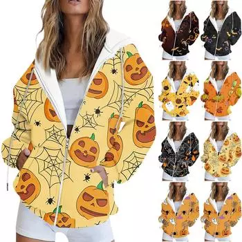 Женская модная повседневная толстовка с принтом на Хэллоуин, длинный рукав с карманом, кардиган, куртка, пальто с капюшоном на молнии L оранжевый