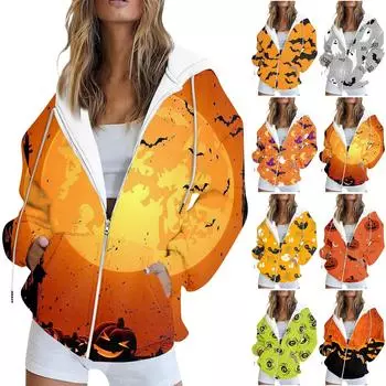 Женская модная повседневная толстовка с принтом на Хэллоуин, длинный рукав с карманом, кардиган, куртка, пальто с капюшоном на молнии L оранжевый