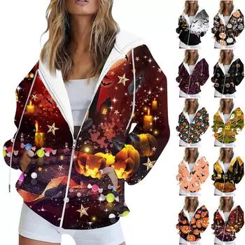 Женская модная повседневная толстовка с принтом на Хэллоуин, длинный рукав с карманом, кардиган, куртка, пальто с капюшоном на молнии M темно-фиолетового