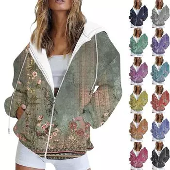 Женская модная повседневная толстовка с принтом, осенне-зимняя куртка-кардиган с длинными рукавами и карманами, куртка с капюшоном на молнии, пальто L чёрный