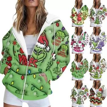 Женская модная повседневная толстовка с принтом, осенне-зимняя куртка-кардиган с длинными рукавами и карманами, куртка с капюшоном на молнии, пальто L армия зеленый