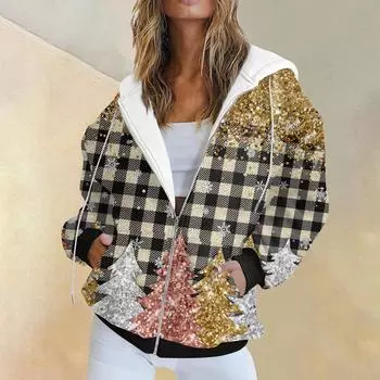 Женская модная повседневная толстовка с рождественским принтом и длинными рукавами, карманная куртка, пальто с капюшоном на молнии L