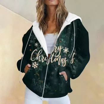 Женская модная повседневная толстовка с рождественским принтом и длинными рукавами, карманная куртка, пальто с капюшоном на молнии L