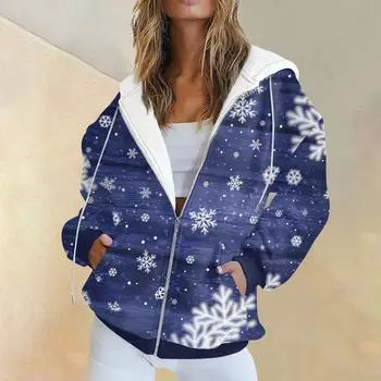 Женская модная повседневная толстовка с рождественским принтом и длинными рукавами, карманная куртка, пальто с капюшоном на молнии XXL
