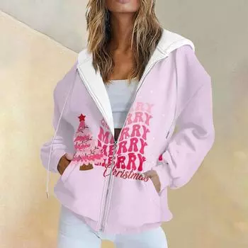 Женская модная повседневная толстовка с рождественским принтом и длинными рукавами, карманная куртка, пальто с капюшоном на молнии S