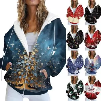 Женская модная повседневная толстовка с рождественским принтом и длинными рукавами, карманная куртка, пальто с капюшоном на молнии XXL винный