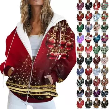 Женская модная повседневная толстовка с рождественским принтом и длинными рукавами, карманная куртка, пальто с капюшоном на молнии M винный