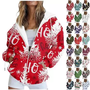 Женская модная повседневная толстовка с рождественским принтом и длинными рукавами, карманная куртка, пальто с капюшоном на молнии S