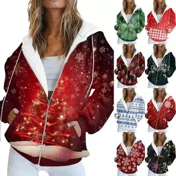 Женская модная повседневная толстовка с рождественским принтом и длинными рукавами, карманная куртка, пальто с капюшоном на молнии M