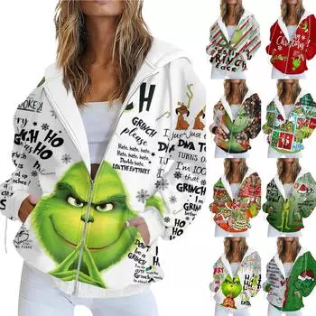 Женская модная повседневная толстовка с рождественским принтом и длинными рукавами, карманная куртка, пальто с капюшоном на молнии XL
