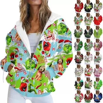 Женская модная повседневная толстовка с рождественским принтом и длинными рукавами, карманная куртка, пальто с капюшоном на молнии L армия зеленый