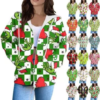Женская модная повседневная толстовка с рождественским принтом и длинными рукавами, карманная куртка, пальто с капюшоном на молнии S