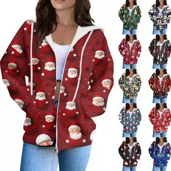 Женская модная повседневная толстовка с рождественским принтом и длинными рукавами, карманная куртка, пальто с капюшоном на молнии XL