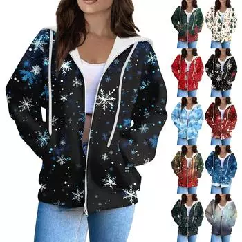 Женская модная повседневная толстовка с рождественским принтом и длинными рукавами, карманная куртка, пальто с капюшоном на молнии M красный