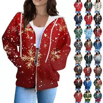 Женская модная повседневная толстовка с рождественским принтом и длинными рукавами, карманная куртка, пальто с капюшоном на молнии XXL