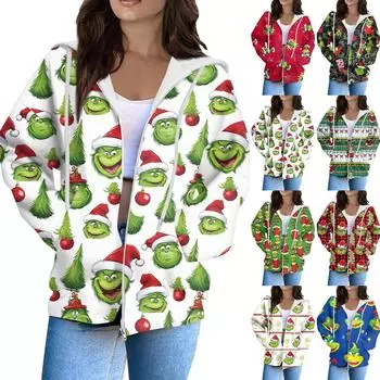 Женская модная повседневная толстовка с рождественским принтом и длинными рукавами, карманная куртка, пальто с капюшоном на молнии XL