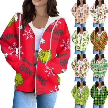 Женская модная повседневная толстовка с рождественским принтом и длинными рукавами, карманная куртка, пальто с капюшоном на молнии XL зелёный