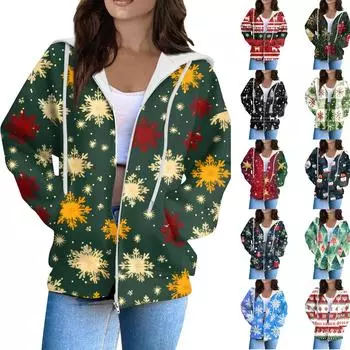 Женская модная повседневная толстовка с рождественским принтом и длинными рукавами, карманная куртка, пальто с капюшоном на молнии S зелёный