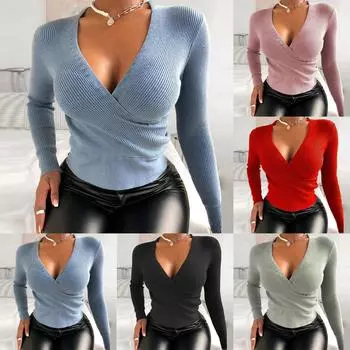 Женская модная повседневная тонкая однотонная трикотажная футболка с длинным рукавом и V-образным вырезом, топ L чёрный