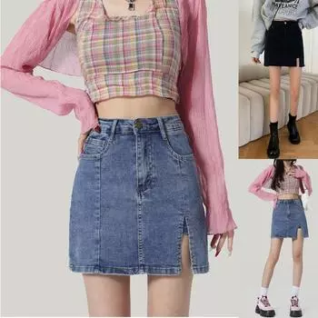 Женская модная повседневная юбка для женщин, джинсовая юбка на пуговицах L чёрный