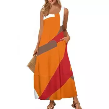 Женская модная повседневная юбка макси, летняя пляжная юбка с круглым вырезом, без рукавов, свободный сарафан с цветными блоками и принтом M шафрановый
