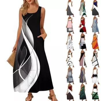 Женская модная повседневная юбка макси, летняя пляжная юбка с круглым вырезом, без рукавов, свободный сарафан с цветными блоками и принтом L армия зеленый