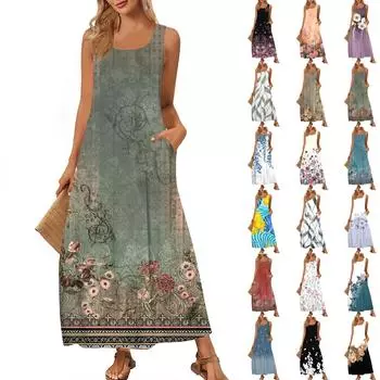 Женская модная повседневная юбка макси, летняя пляжная юбка с круглым вырезом, без рукавов, свободный сарафан с цветочным принтом L армия зеленый