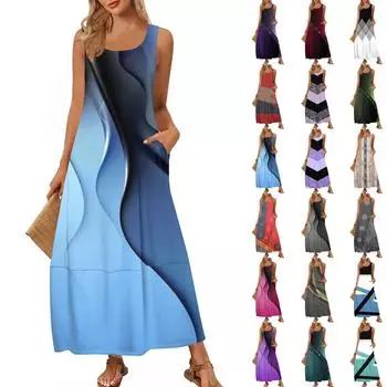 Женская модная повседневная юбка макси, летняя пляжная юбка с круглым вырезом, без рукавов, свободный сарафан с цветными блоками и принтом L синий