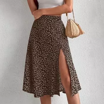 Женская модная повседневная юбка-трапеция с цветочным принтом и разрезом на бедрах M коричневый