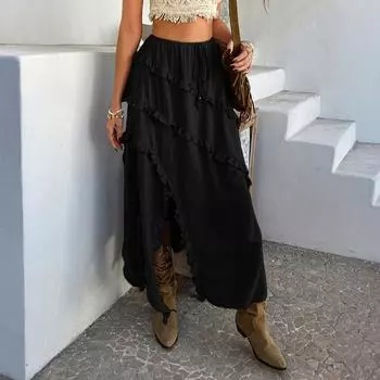 Женская модная повседневная юбка в отпускном стиле однотонная с кружевной завязкой на талии M чёрный