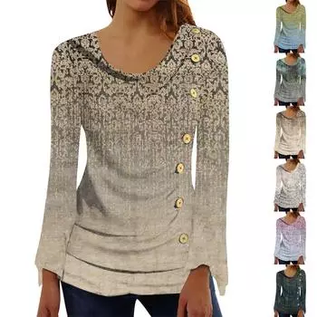 Женская модная повседневная удобная блузка на пуговицах с длинными рукавами и принтом S хаки