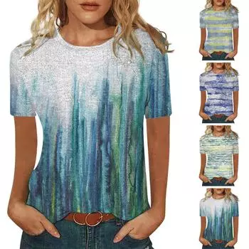 Женская модная повседневная удобная блузка с круглым вырезом и коротким рукавом с принтом S синий