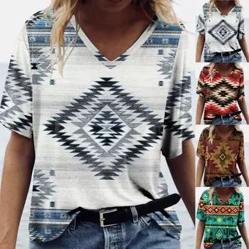 Женская модная повседневная удобная блузка с v-образным вырезом и коротким рукавом с принтом S зелёный