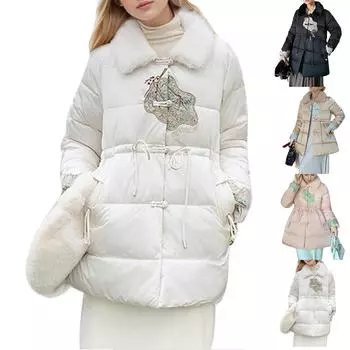 Женская модная повседневная утолщенная вышитая зимняя теплая хлопковая куртка-пуховик L бежевый