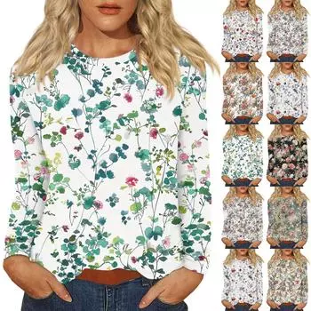 Женская модная повседневная винтажная декоративная футболка с цветочным принтом и круглым вырезом, длинным рукавом, топ XXXXXL чёрный