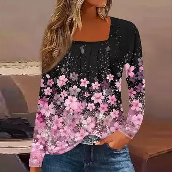 Женская модная повседневная винтажная футболка с цветочным принтом и квадратным вырезом, длинным рукавом L розовый
