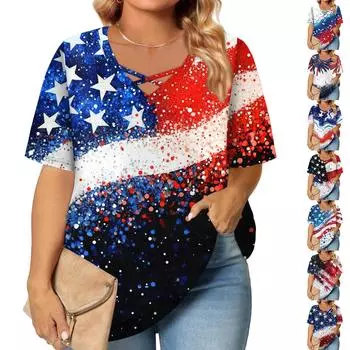 Женская модная повседневная винтажная футболка с принтом «День независимости» с V-образным вырезом и коротким рукавом большого размера L красный