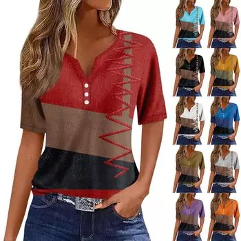 Женская модная повседневная винтажная футболка с v-образным вырезом и коротким рукавом с декоративными пуговицами, топ L чёрный
