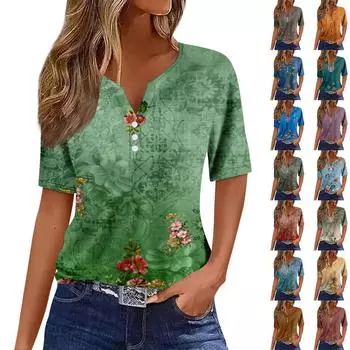 Женская модная повседневная винтажная футболка с v-образным вырезом и коротким рукавом с декоративными пуговицами, топ L