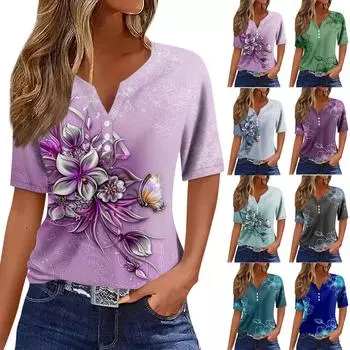 Женская модная повседневная винтажная футболка с v-образным вырезом и коротким рукавом с декоративными пуговицами, топ XXL синий