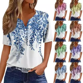 Женская модная повседневная винтажная футболка с v-образным вырезом и коротким рукавом с декоративными пуговицами, топ XXXL зелёный