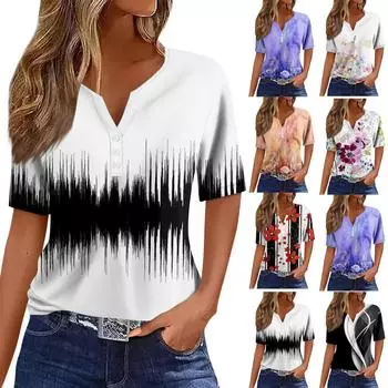 Женская модная повседневная винтажная футболка с v-образным вырезом и коротким рукавом с декоративными пуговицами, топ L чёрный